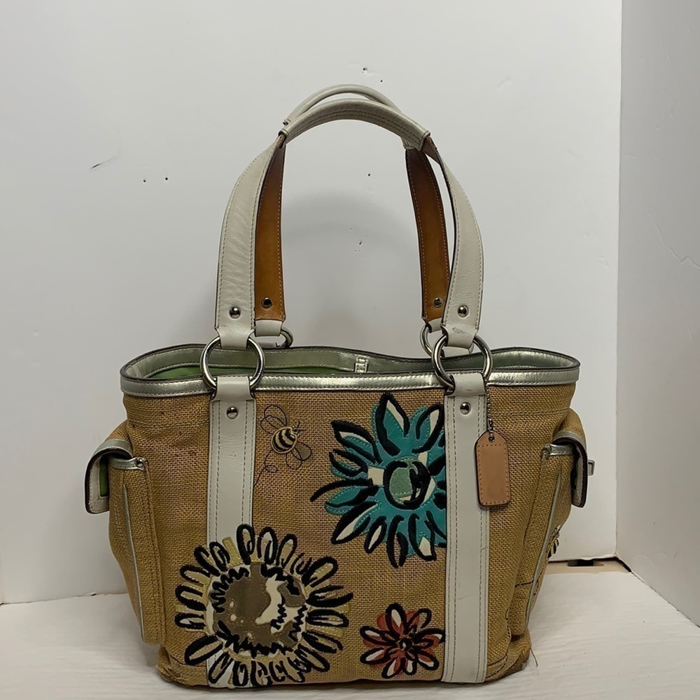 COACH Bees And Flowers Appliqué Burlap And Leather